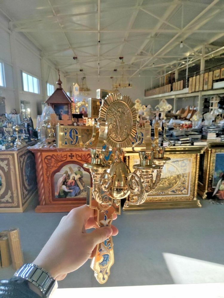 Easter three candlestick on the cross cast brass 13.77"