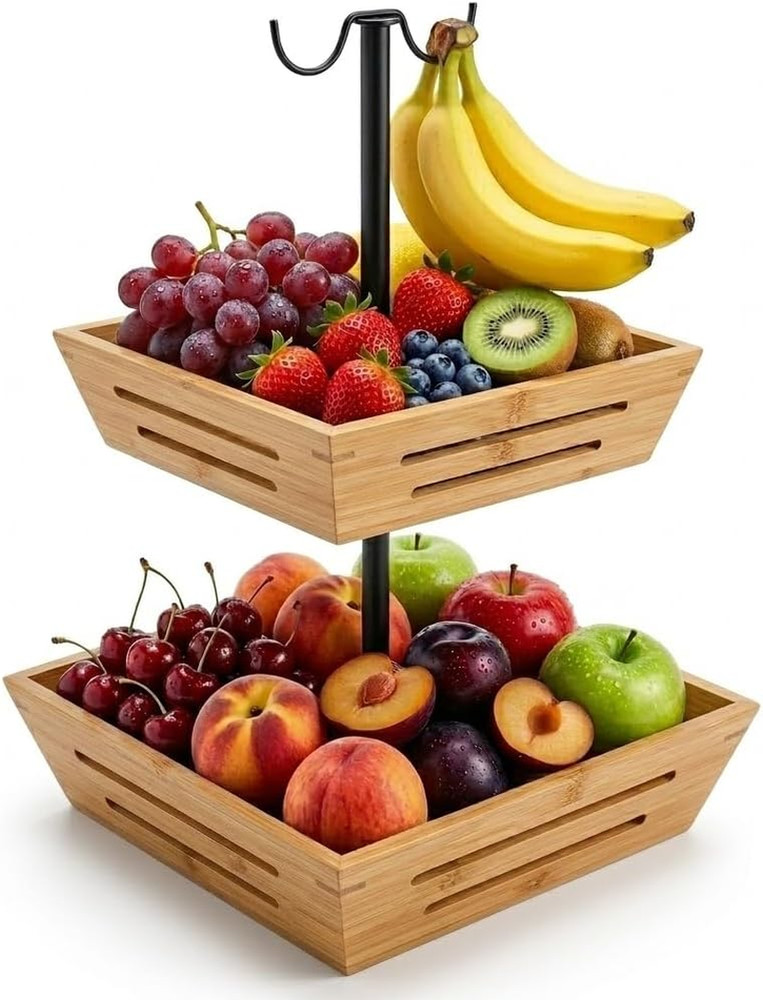Bamboo Fruit Basket: 2-Tier Vegetable Storage with Banana Holder, Kitchen Counte