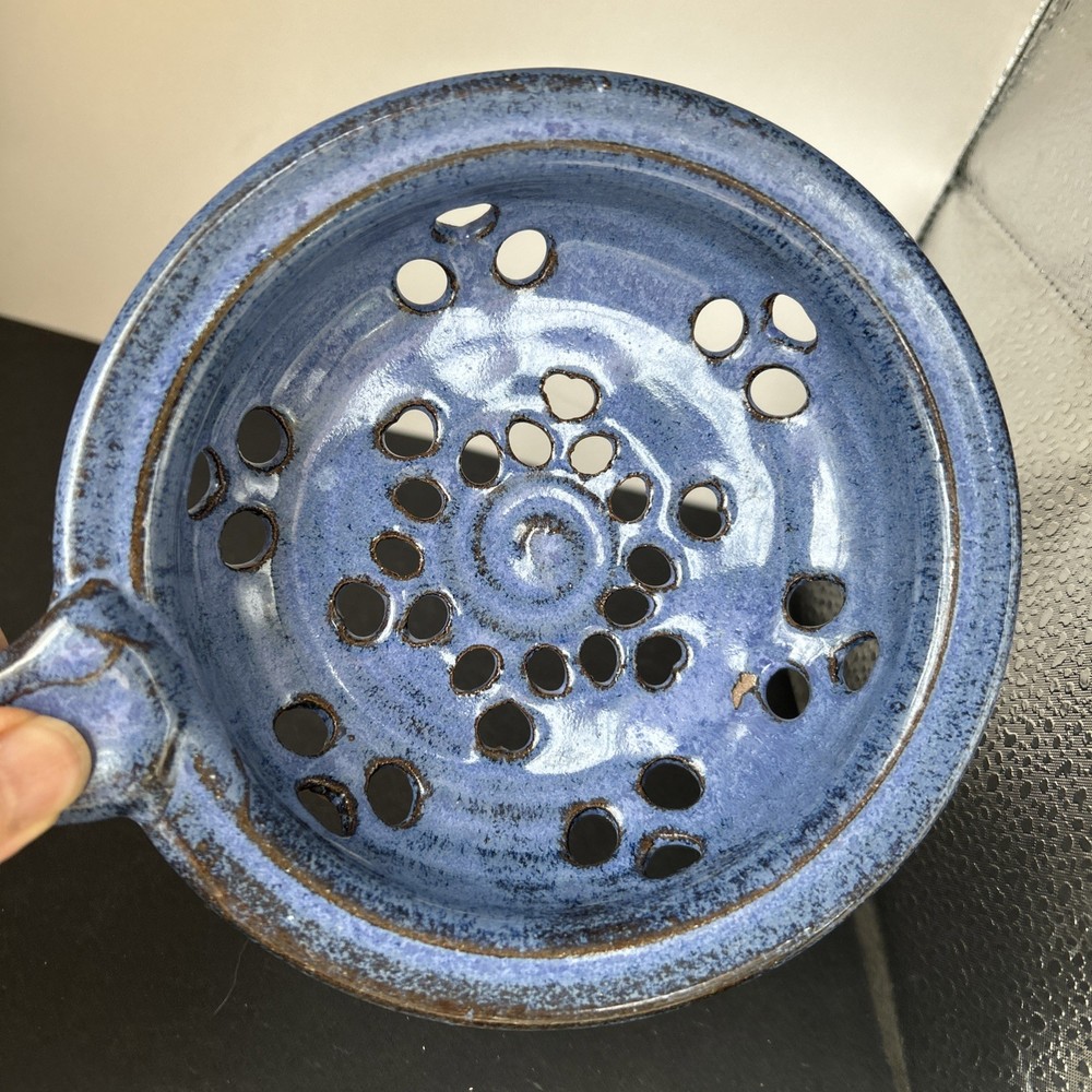 Studio Pottery Small Colander Strainer Blue Glaze Handle 10.5” X 6”