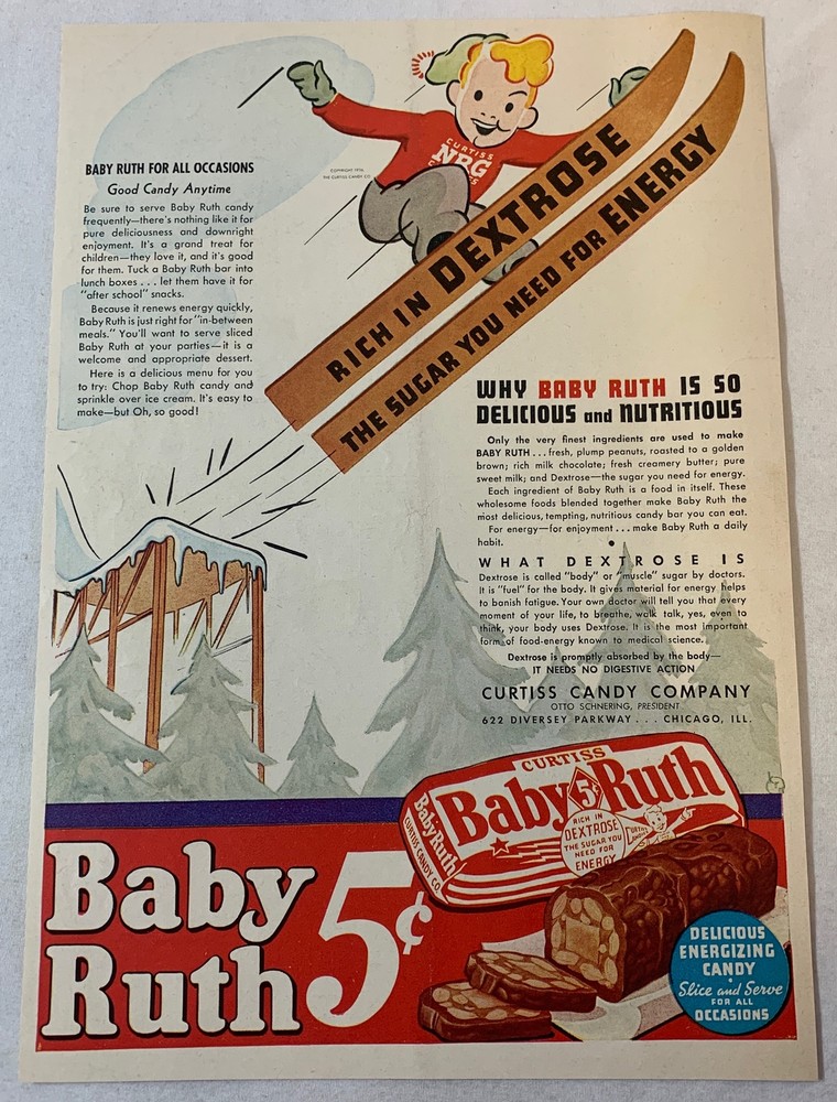 1938 Baby Ruth candy bar ad ~ SKI JUMP