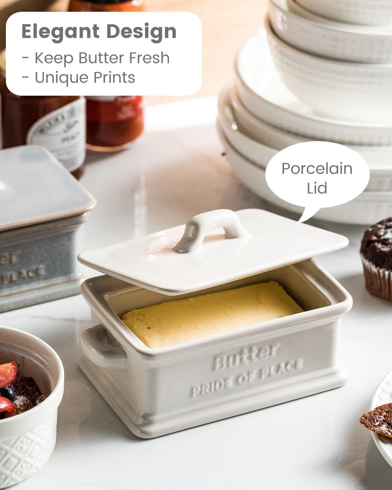 Elegant Ceramic Butter Dish with Lid - Dishwasher Safe, White Rectangular Keeper