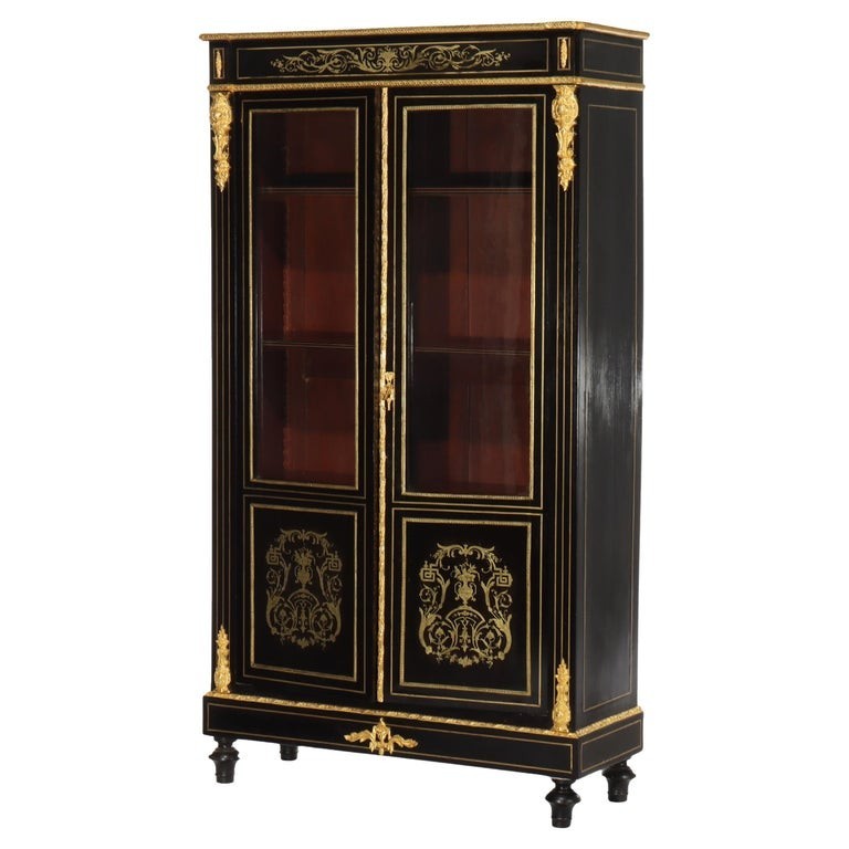 Antique Louis XVI Style Ebonized & Gilt Bookcase With Ormolu Mounts 20thC