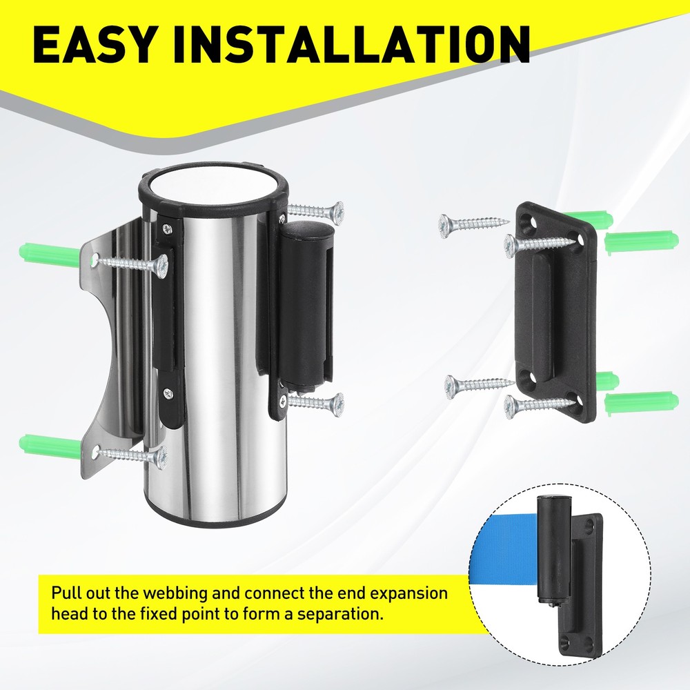 9.8 Foot Fixed Wall Mount Retractable Belt Barrier Set, Blue