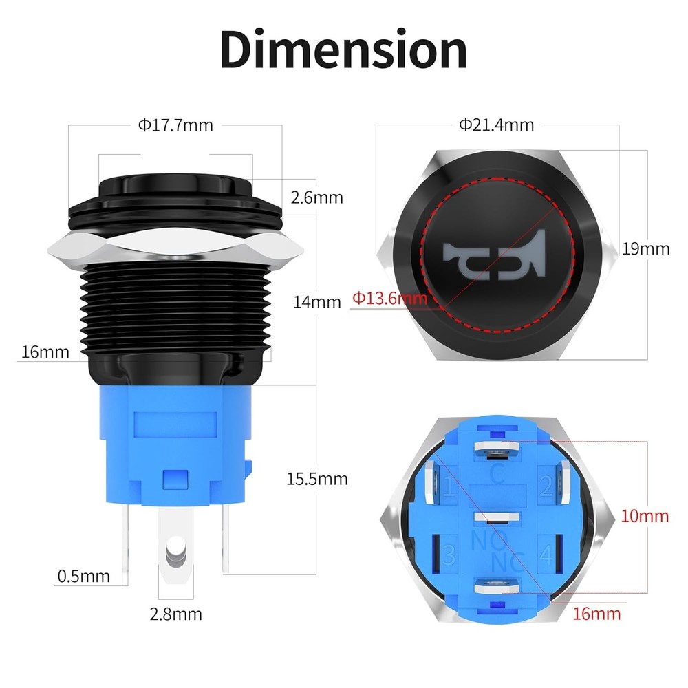 DaierTek Horn Button 12V Marine Horn Button 16MM Momentary Push Button Switch