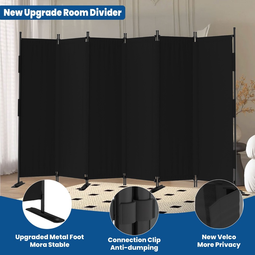 Black 6 Panel Room Divider Privacy Screen Portable Folding Partition for Office