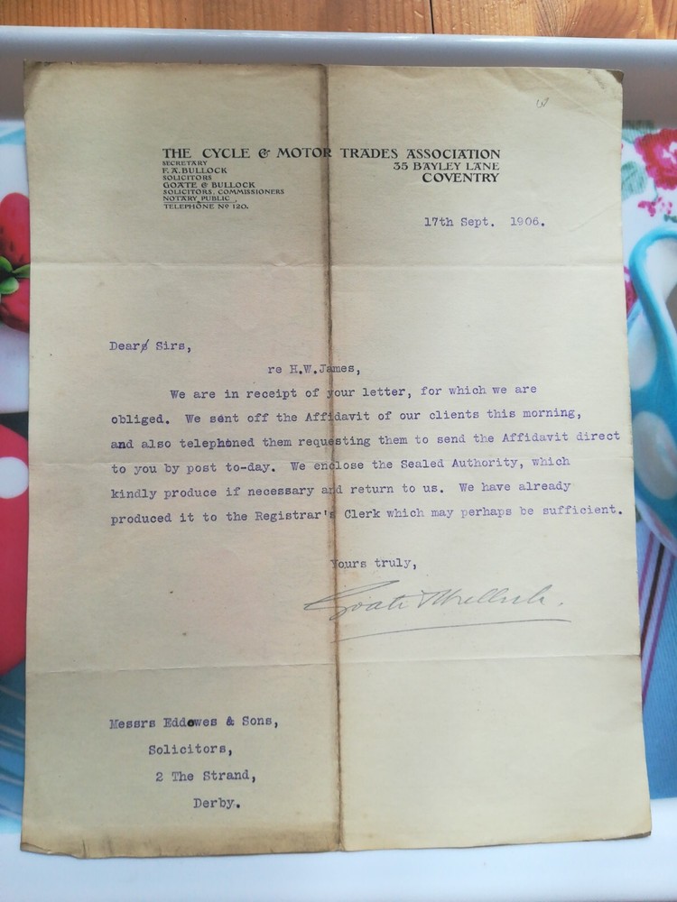 Solicitors letter response for H. W. JAMES Affidavit dated 1906