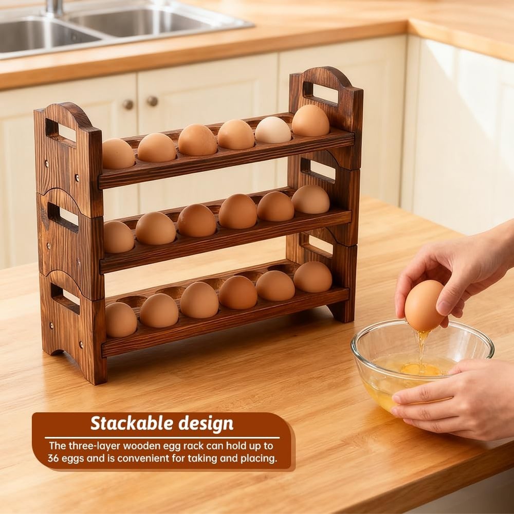 3Tier Wooden Egg Holder Countertop 36Hole Stackable Rack Fresh Eggs