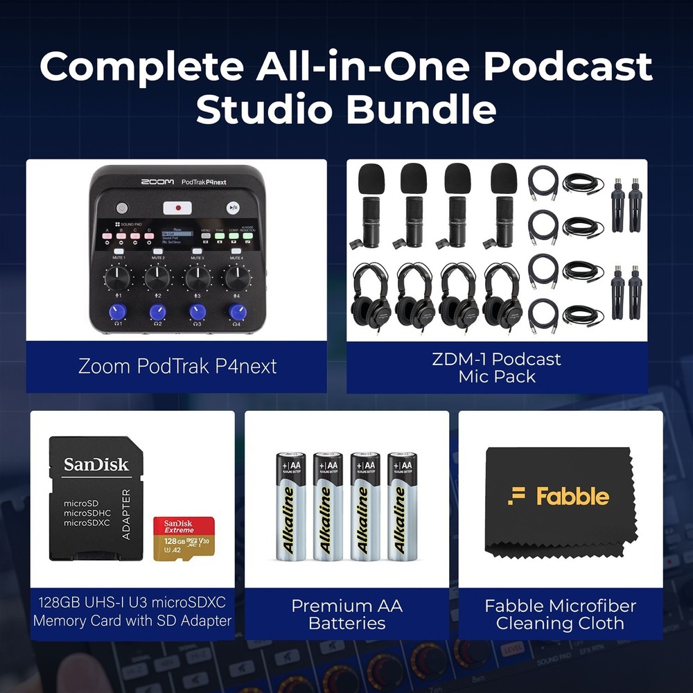 Zoom PodTrak P4next Portable Multitrack Podcast Recorder Bundle
