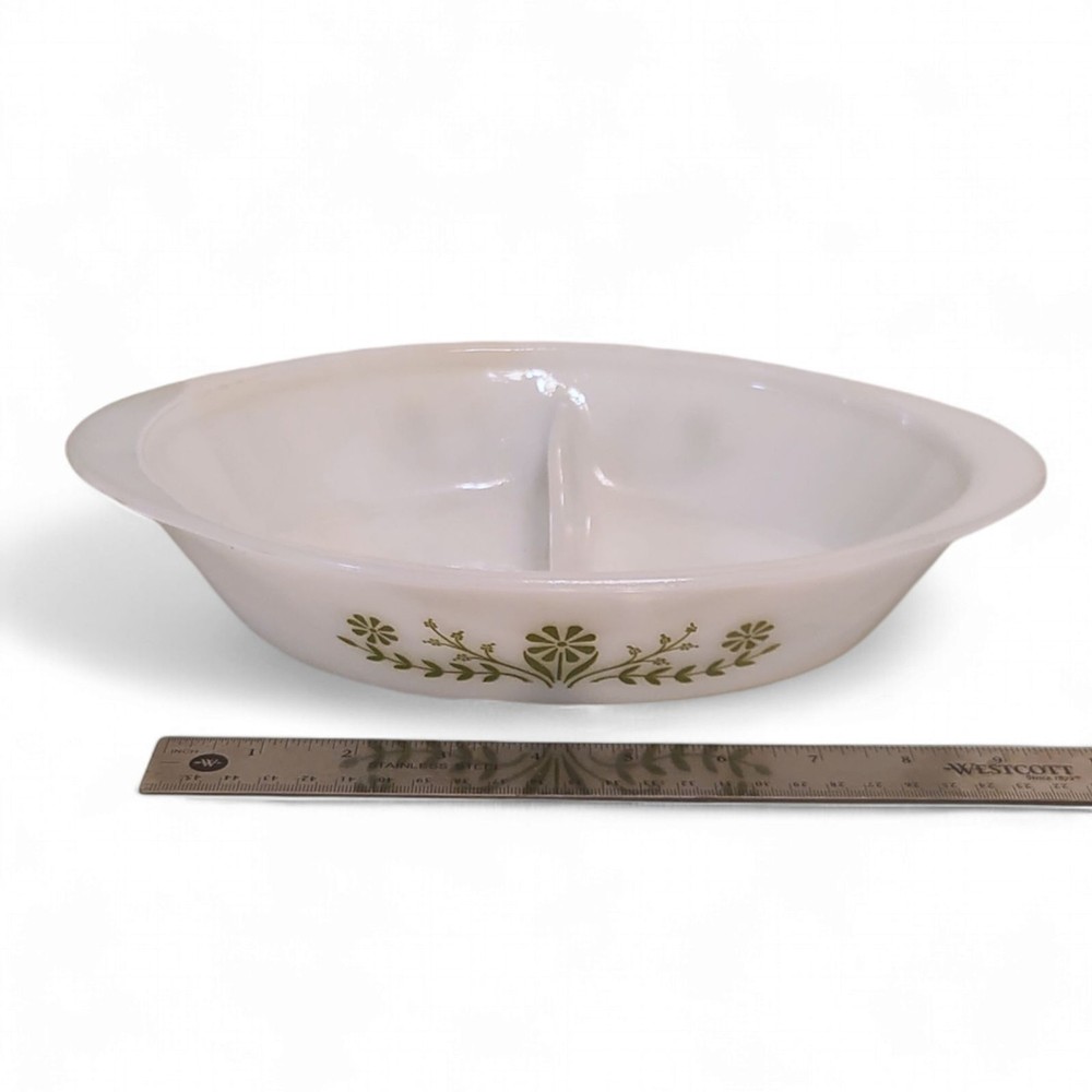 Vintage Glasbake Divided Casserole Serving Dish – White with Green Daisy Pattern