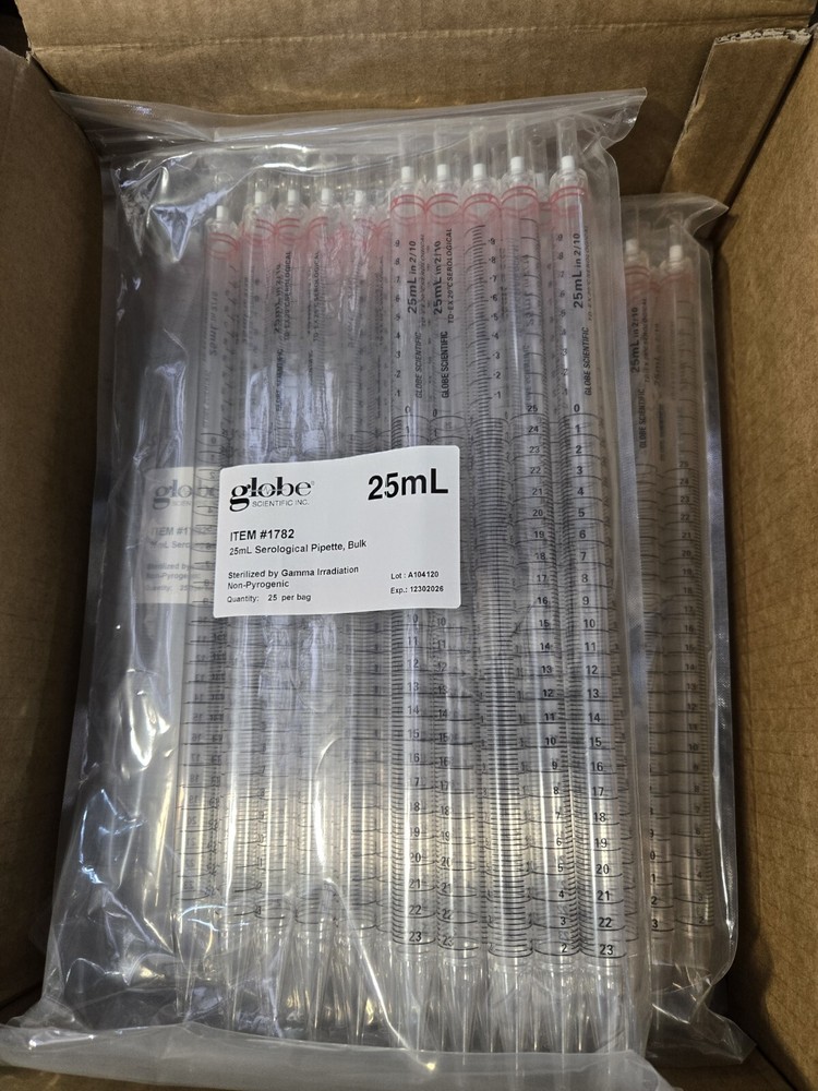 100 Globe SCIENTIFIC Polystyrene 25mL Graduated Serological Pipette 12/2026