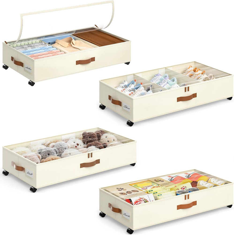 Rolling Under Bed Storage Bins with Wheels, 4 Pack, Adjustable Dividers, Beige