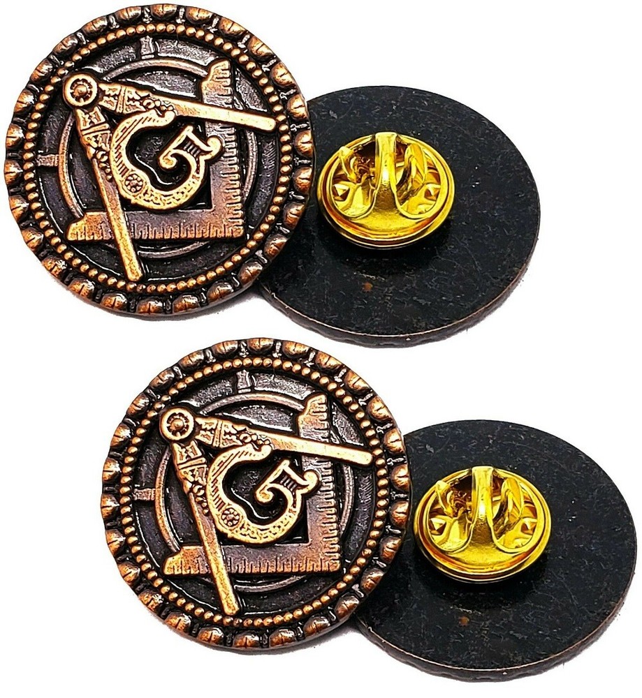 Masonic Square & Compass Round Antique Brass 2 PCS Lapel Pins