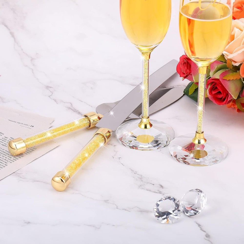 Wedding Knife and Server, Crystal Glasses Engraved Mr & Mrs, Cake Cutting Set