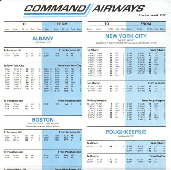 Command Airways timetable 1982/06/06