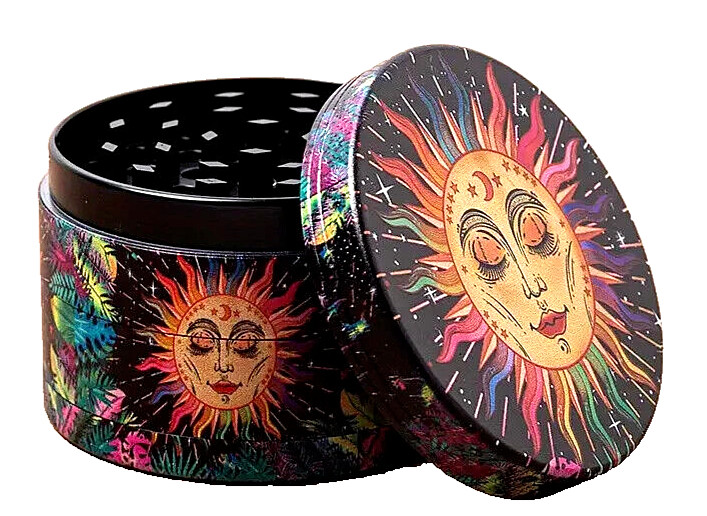 Creative Pattern Sun & Moon Herb Grinder, 2.5 inch, 4-Piece, Storage & Scraper