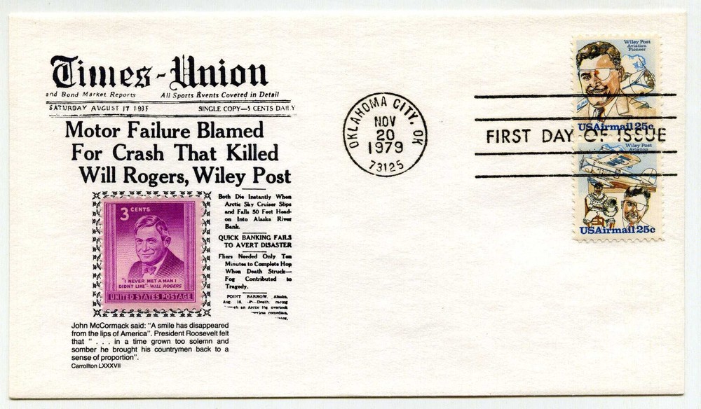 C95-96, 25c Wiley Post on one Carrollton 87 FDC