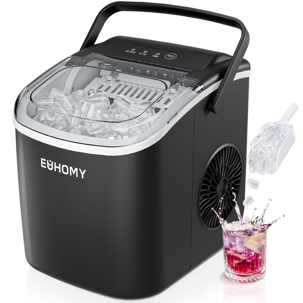 EUHOMY Countertop Ice Maker Machine with Handle, 26lbs in 24Hrs, 9 Ice Cubes ...