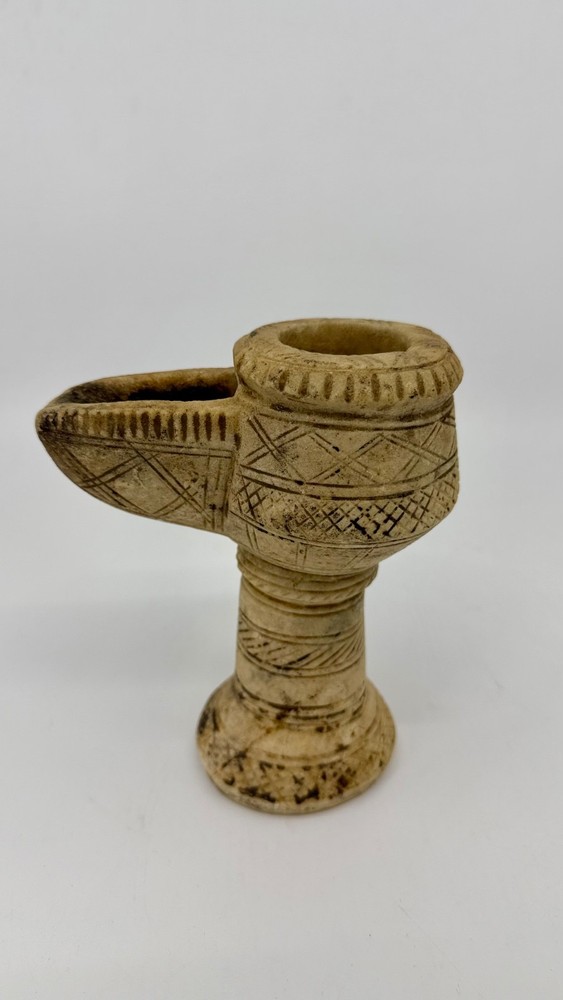 Ancient, authentic, Islamic Carved Alabaster Oil Lamp