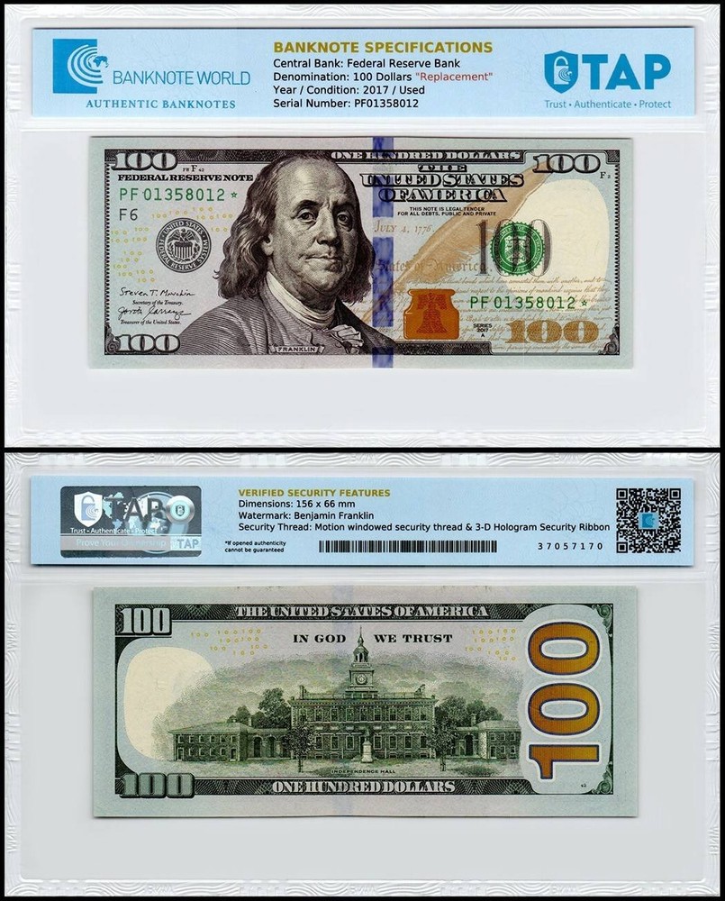 USA 100 Dollars 2017A P-548z Used REPLACEMENT/Star TAP Authenticated