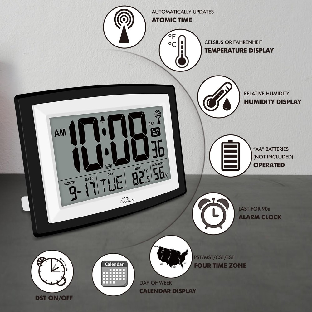 WallarGe Atomic Clock with Indoor Temperature and Large, Black, White