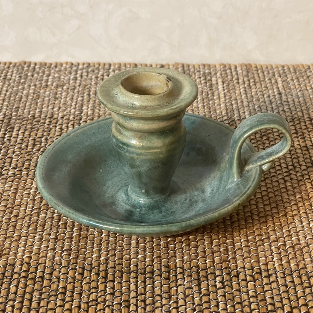 Handmade Studio Pottery Finger Ring Candle Holder With Handle Artist Signed