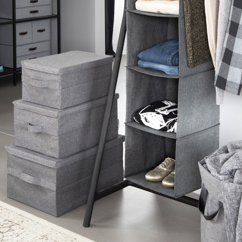 Bigso Soft Foldable Polyester Storage Box with Lid | Medium | Grey