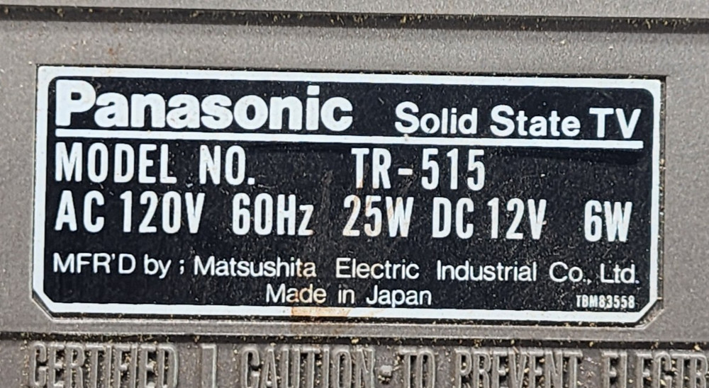 Panasonic Solid State TV Model TR-515 1977 Tested Portable