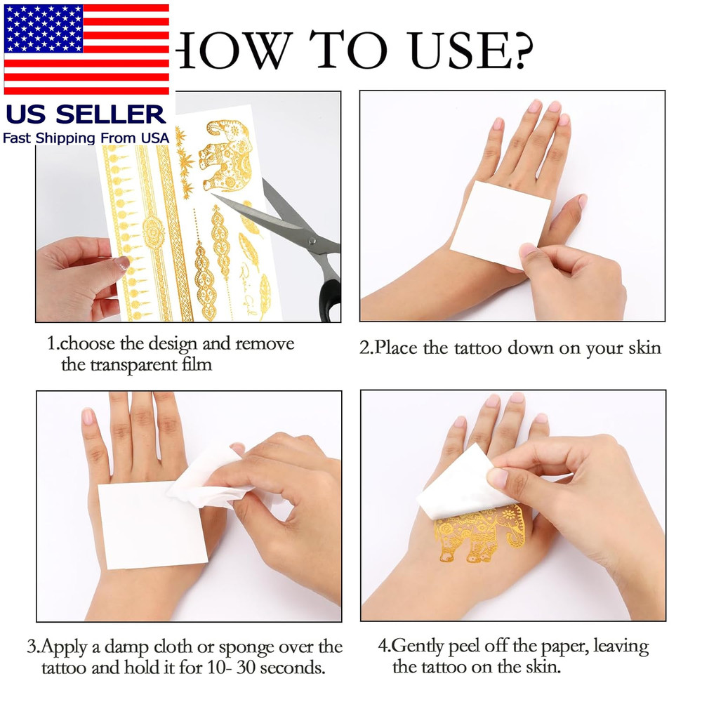 9 Sheets Metallic Tattoos, Elaborate Floral Elephant Patterns Metallic Temporary