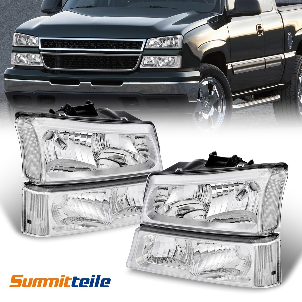 Pair Chrome Headlights + Bumper Lamps For 2003-2006 Chevy Silverado Avalanche