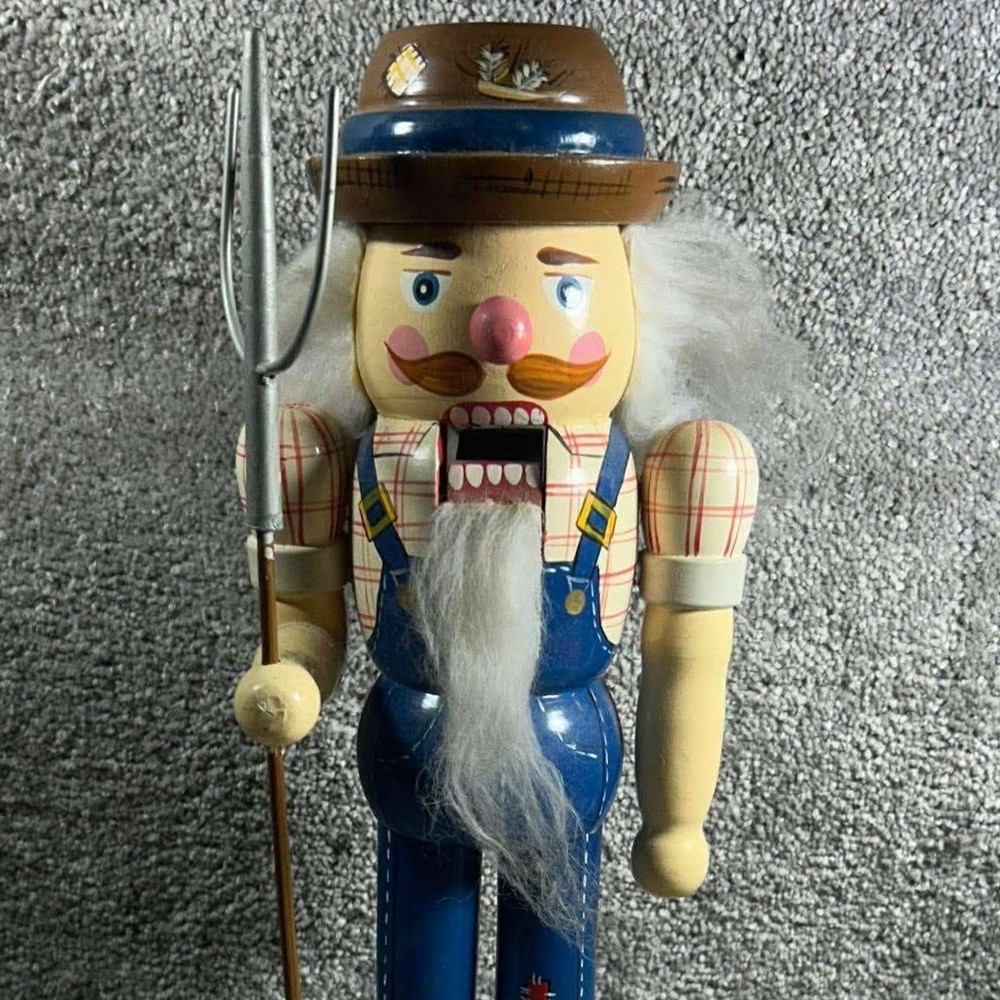 Farmer Nutcracker Blue Overalls with Pitchfork and Pig Decor