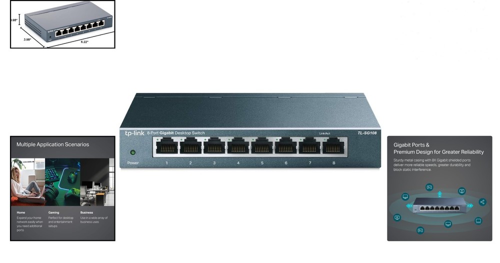 Durable 8 Port Gigabit Network Switch with Traffic Optimization & Fanless Design