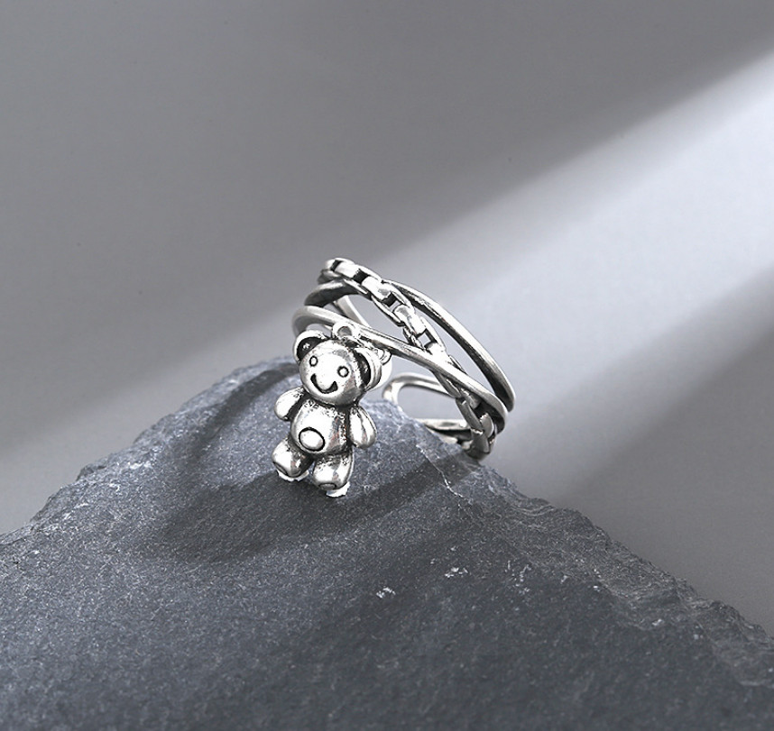 Silver Love Animal Teddy Bear Black Adjustable Band Ring