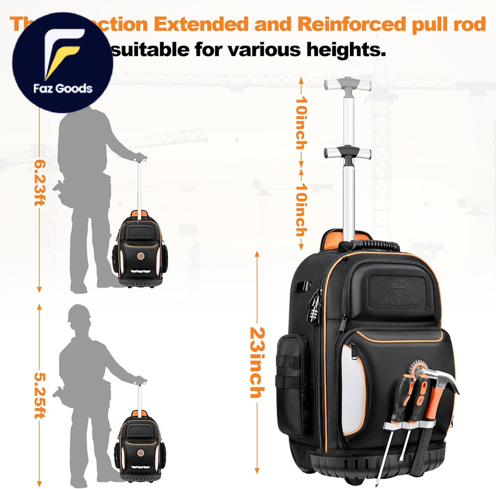 Backpack Tool Bag with Wheel Rolling Tool Backpack for Electrician Heavy Duty