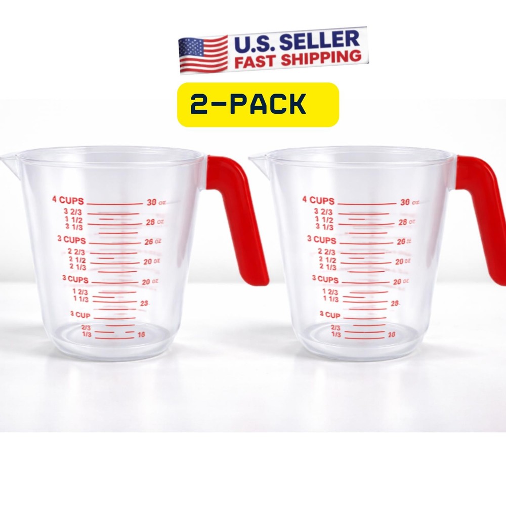 2 PACK Clear Plastic 4 Cup Measuring Cup with Red Handle – 32 oz Kitchen Measure