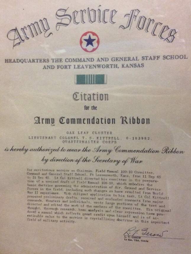 1945 US Army Citation Oak Leaf Cluster Commendation Ribbon Historical Document