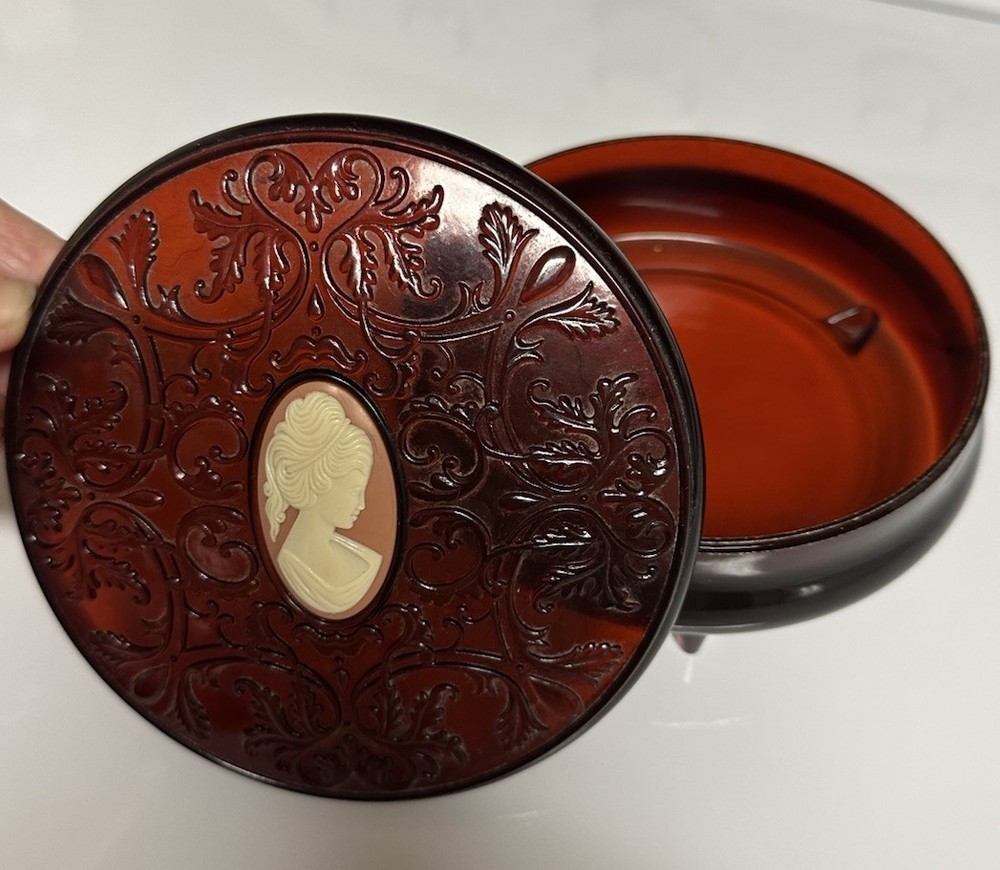 AVON SET BOTH Mirror and Dusting Powder Bowl Celluloid Cameo Dark Red Ruby