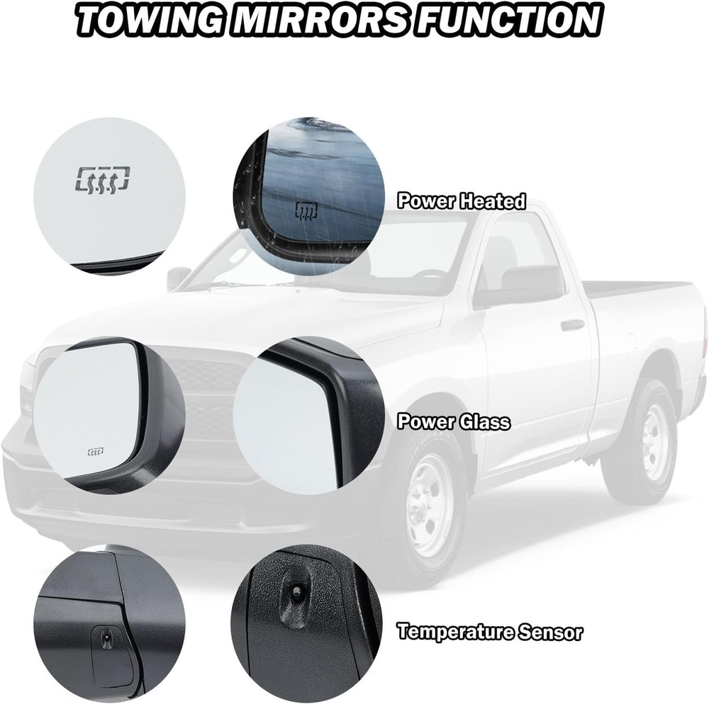 Left/Driver Manual Fold + Heated + Temp Sensor Mirror For 2013-19 Dodge Ram 1500