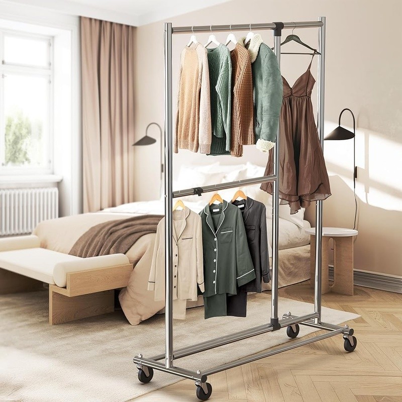 Adjustable Rolling Clothing Rack Heavy Duty Extendable Garment Storage Solution