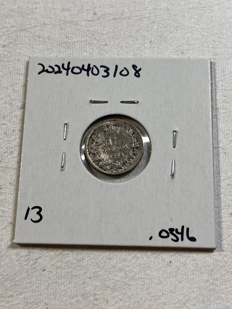 1908 Canada 5 Cents Small Silver Coin Cleaned