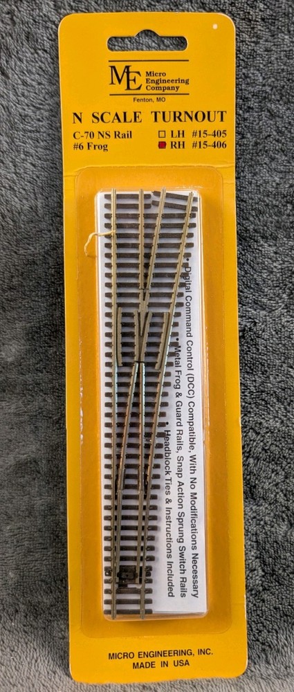 Micro Engineering N Scale Code 70 RH Turnout #6 Frog Nickel Silver Track #15-406