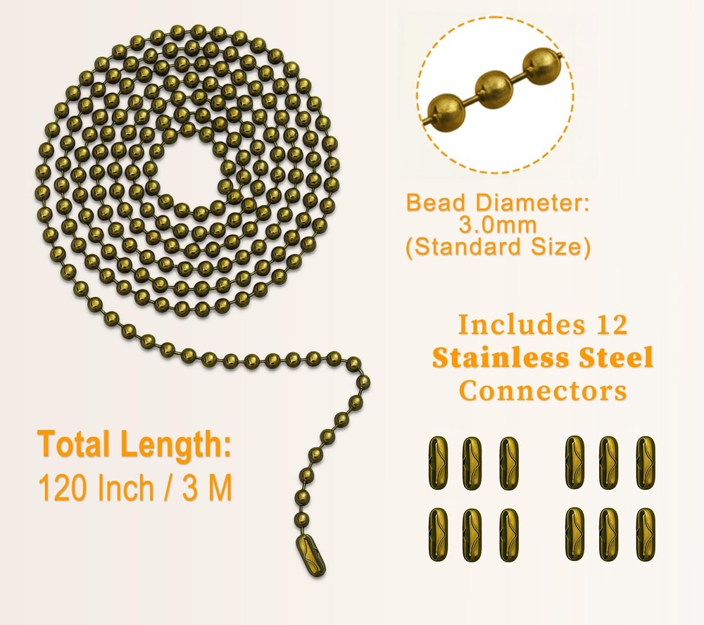 120" Ceiling Fan Pull Chain Extender - Chain with 12 Connectors, Adjustable L...