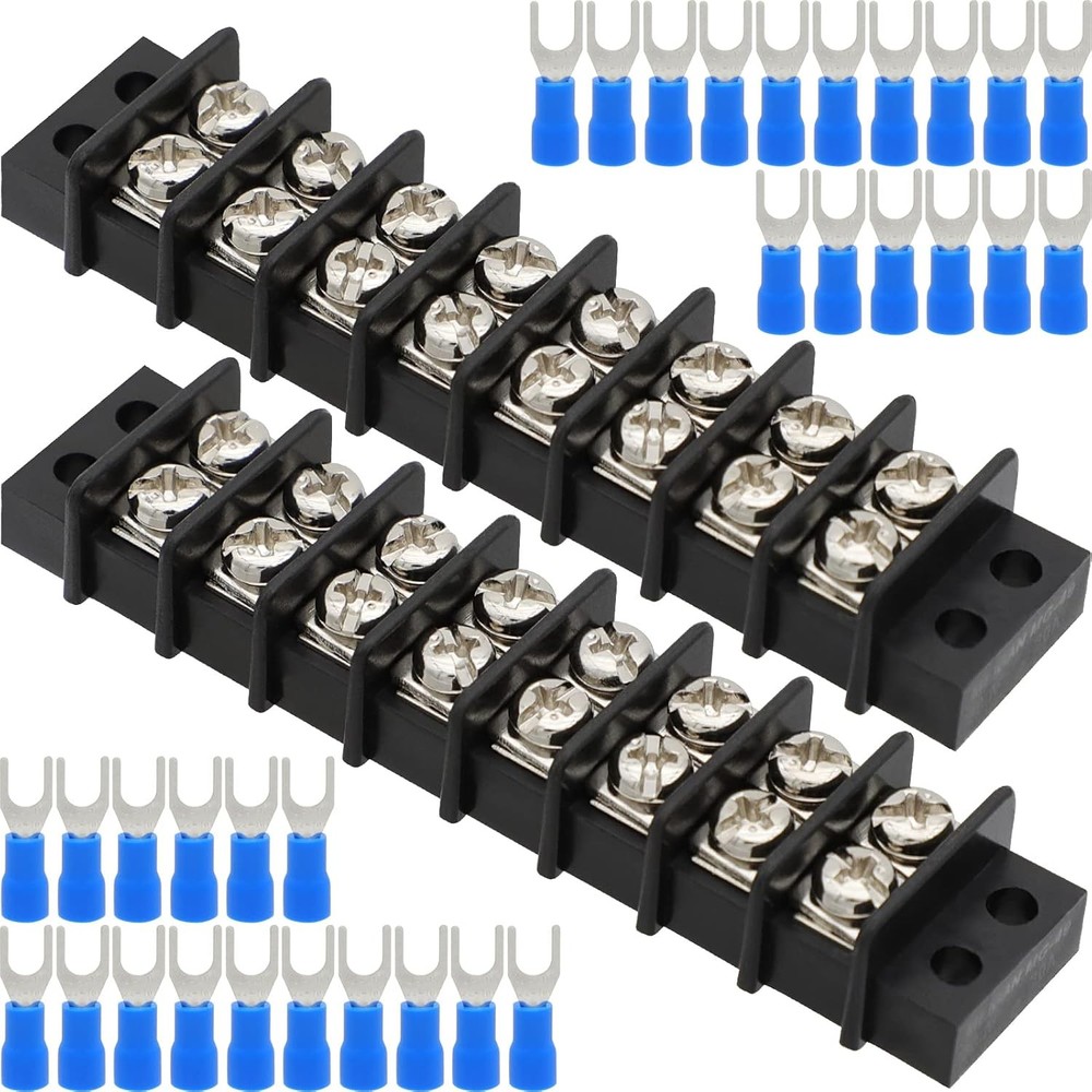 Terminal Block,2 Pack 8 Circuits 20-30A 200v-450v Dual Row 20 Amps, Black
