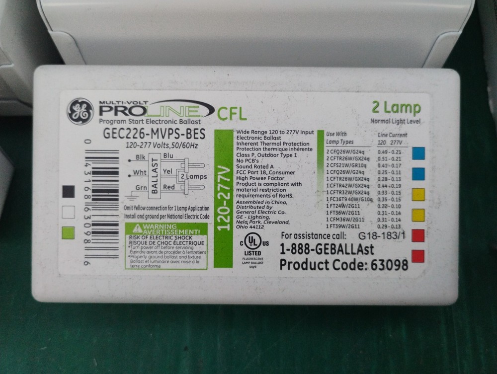 GE ProLine CFL GEC226-MVPS-BES Multi-Volt Program Start Electronic Ballast