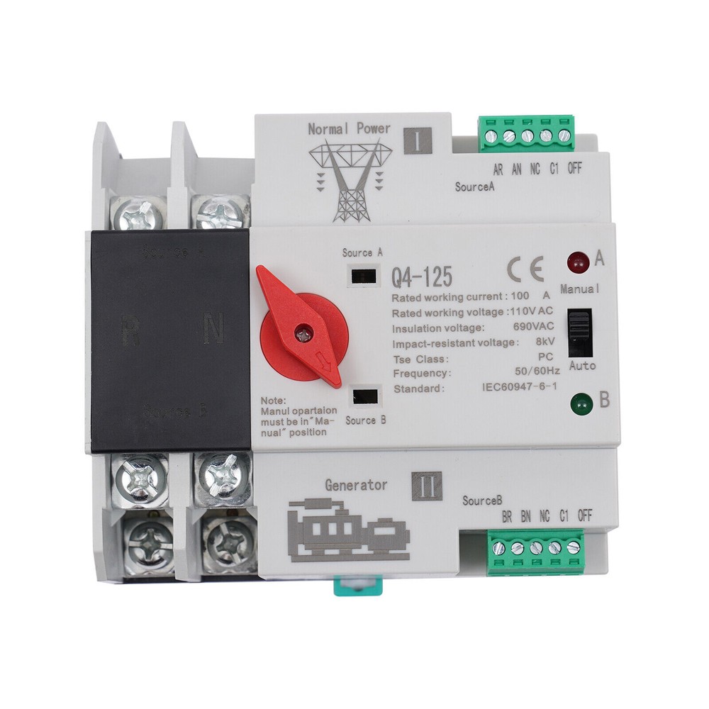 Automatic Transfer Switch 2P 100A Generator Changeover Switch Dual-Power NEW!