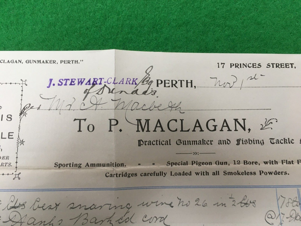 MACLAGAN GUNMAKER PERTH 1909 -- ACCOUNT 16/20 CM