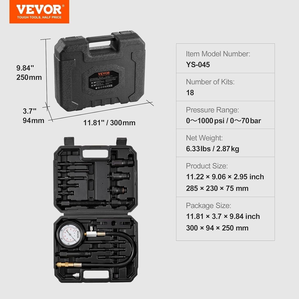 Precision Diesel Compression Tester with 18 Adaptable Pieces for Mechanics
