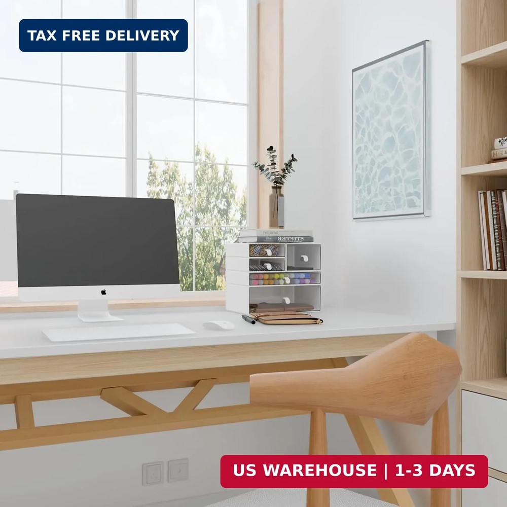 Desk Organizer Set, White & Clear Stackable Dustproof Storage Boxes for Desktop,