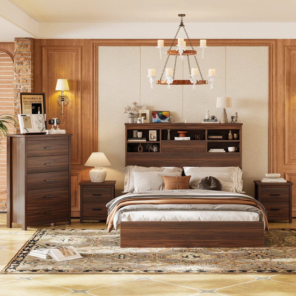 Queen Bedroom Set w/ Storage Headboard & Charging Station, 4-PC Walnut