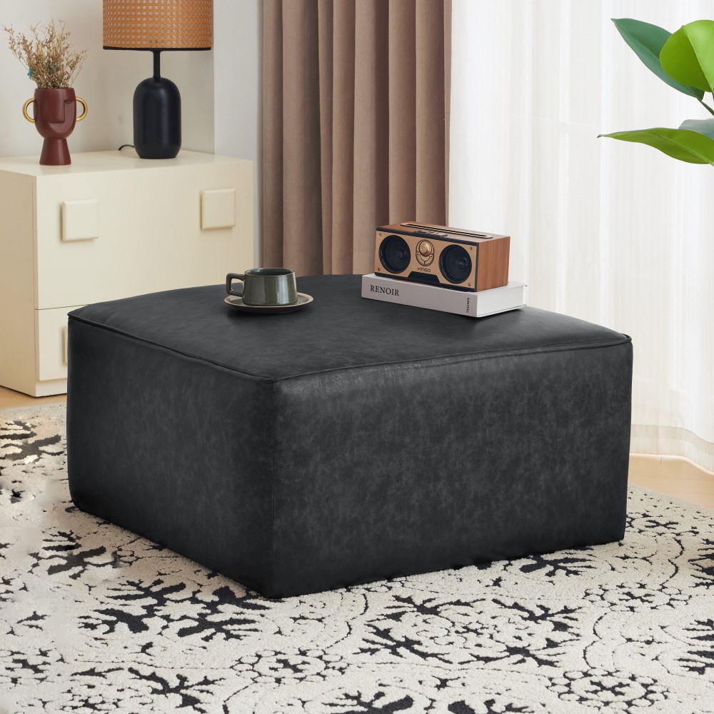 Upholstered Square PU Leather Ottoman,Black