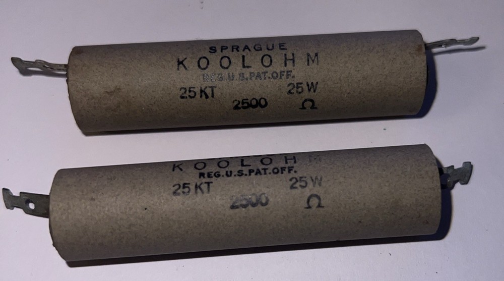 2500 OHM 25 WATT RESISTORS, NEW (2) PACK BY SPRAGUE KOOLOHM